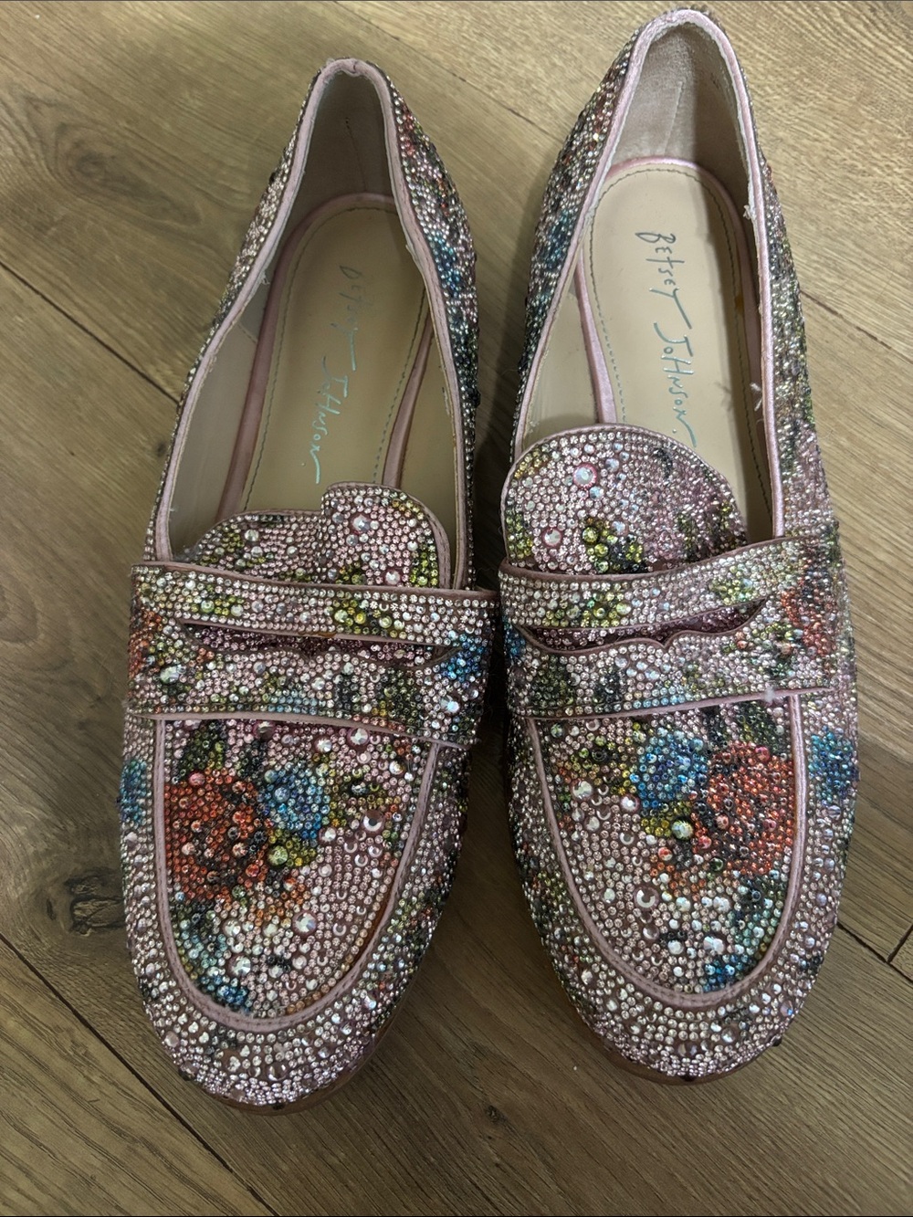 Betsey Johnson Pink Multicolor Crystal Floral Loafers